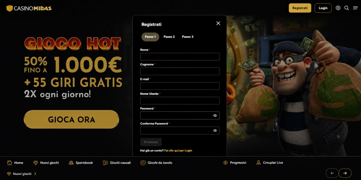 Casino Midas registrazione e creazione nuovo conto gioco